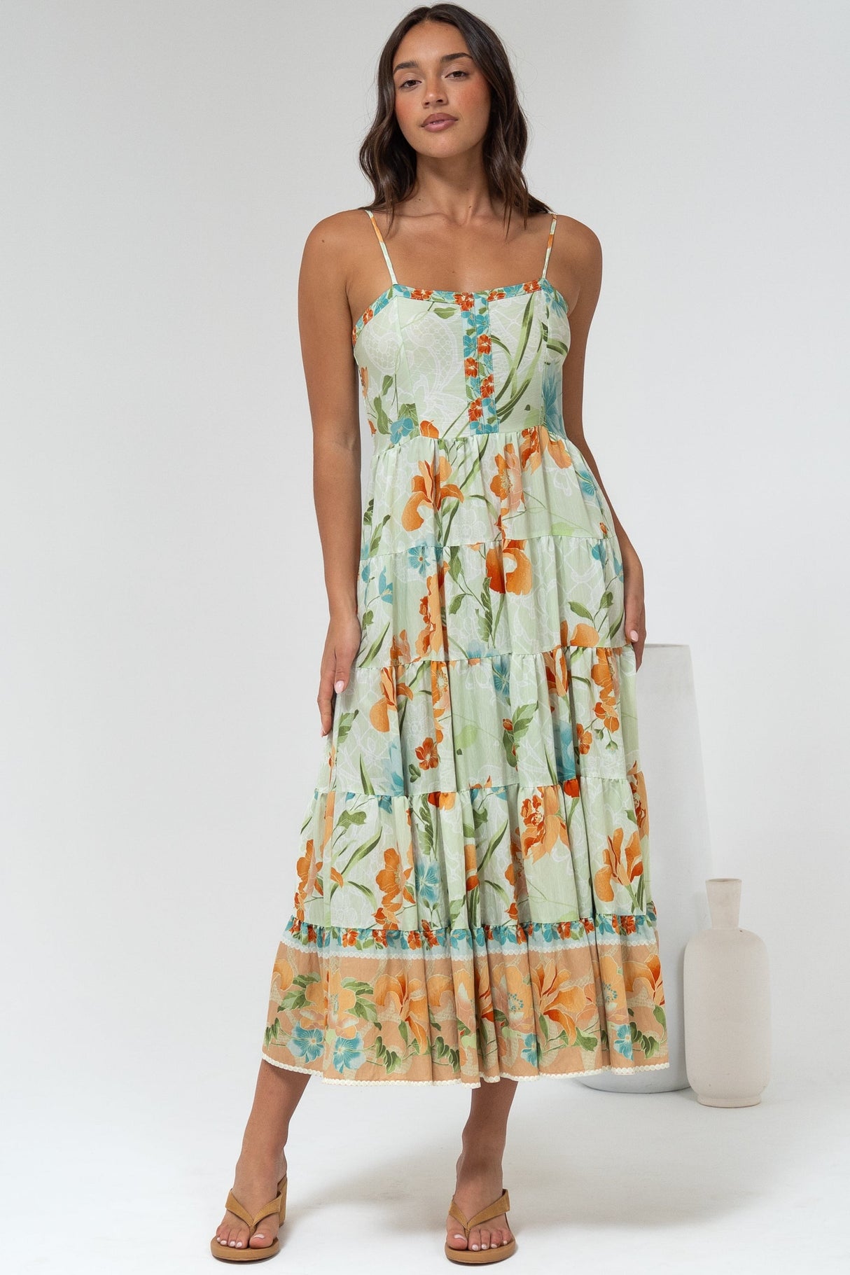 Raya Midi Dress - Adjustable Strap Tiered Sun Dress in Noriko Print