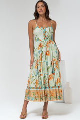 Raya Midi Dress - Adjustable Strap Tiered Sun Dress in Noriko Print
