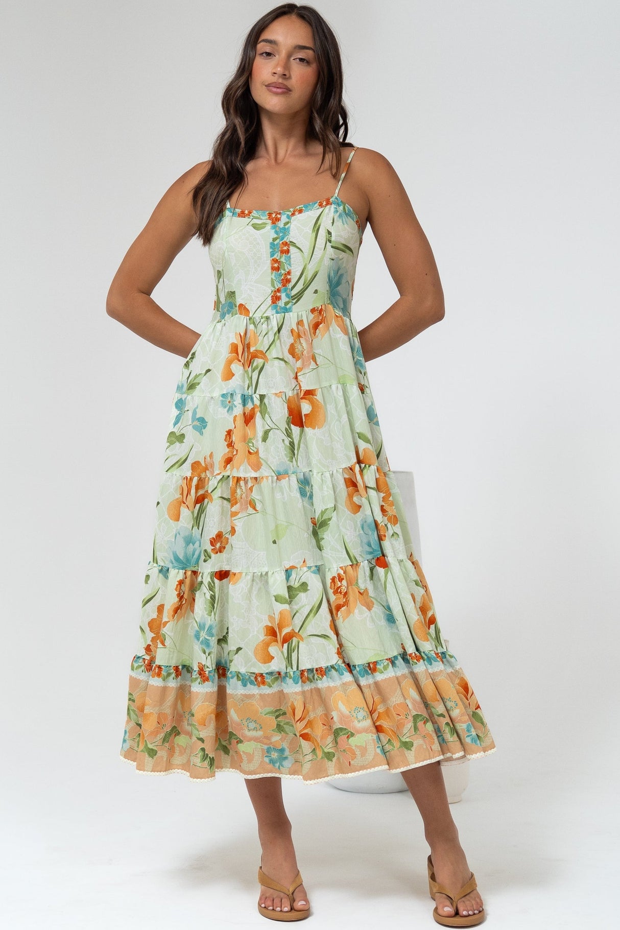 Raya Midi Dress - Adjustable Strap Tiered Sun Dress in Noriko Print