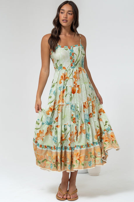 Raya Midi Dress - Adjustable Strap Tiered Sun Dress in Noriko Print