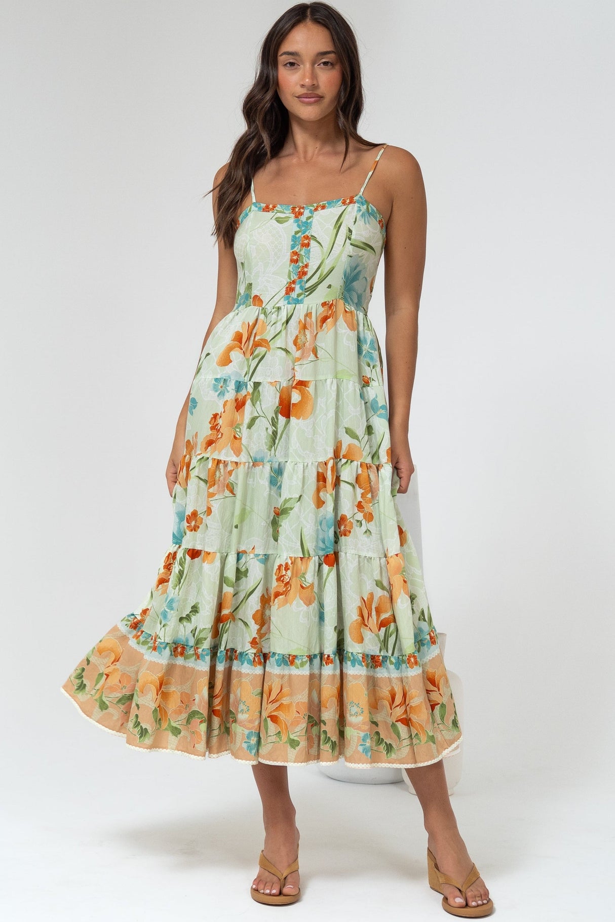 Raya Midi Dress - Adjustable Strap Tiered Sun Dress in Noriko Print