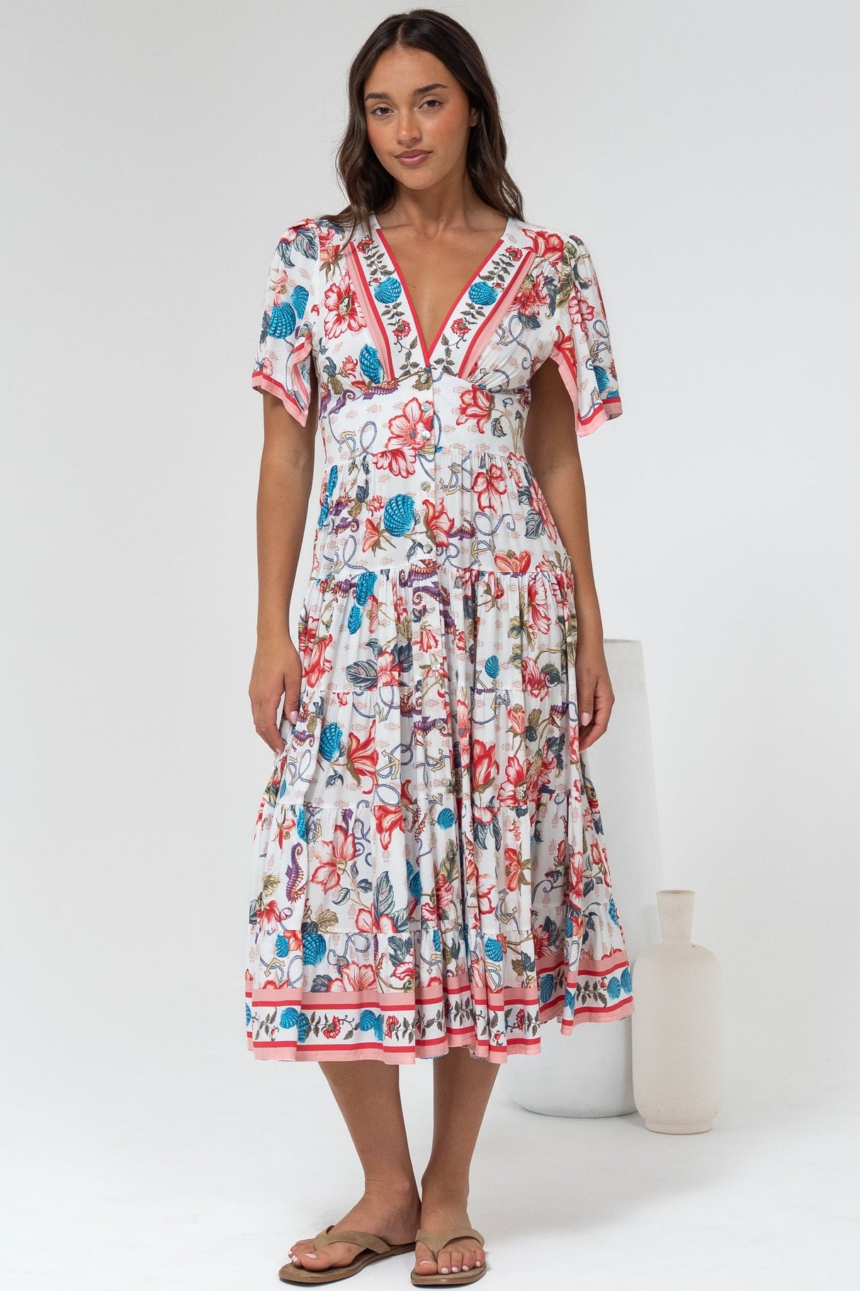 Melba Midi Dress - V-Neck Buttoned Down Dress with Flutter Sleeves in Safia Print