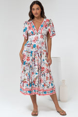 Melba Midi Dress - V-Neck Buttoned Down Dress with Flutter Sleeves in Safia Print