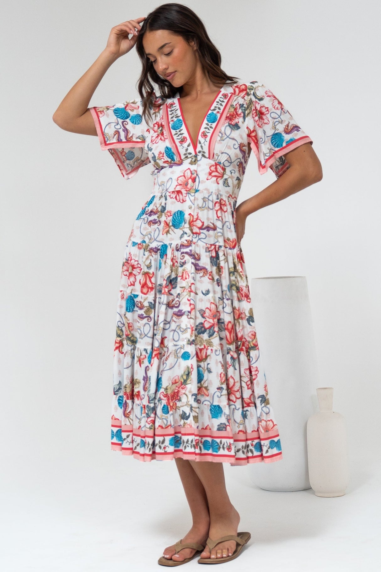 Melba Midi Dress - V-Neck Buttoned Down Dress with Flutter Sleeves in Safia Print