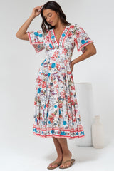 Melba Midi Dress - V-Neck Buttoned Down Dress with Flutter Sleeves in Safia Print