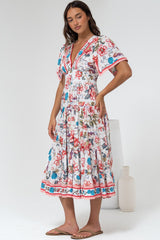 Melba Midi Dress - V-Neck Buttoned Down Dress with Flutter Sleeves in Safia Print
