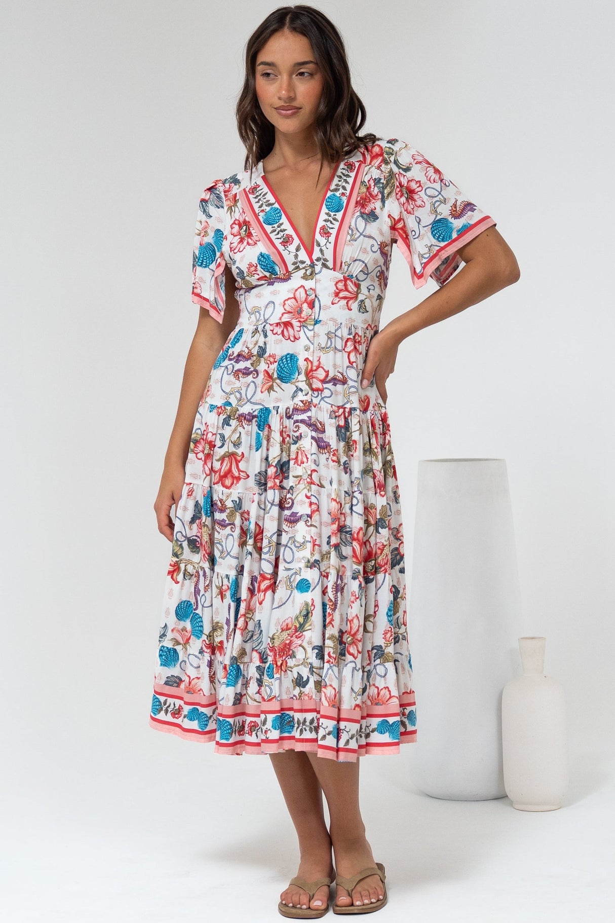 Melba Midi Dress - V-Neck Buttoned Down Dress with Flutter Sleeves in Safia Print