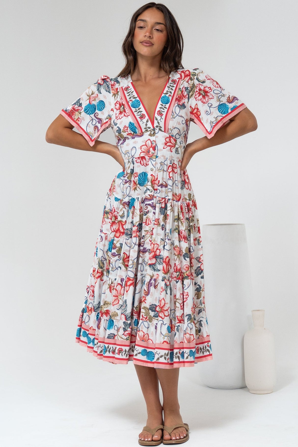 Melba Midi Dress - V-Neck Buttoned Down Dress with Flutter Sleeves in Safia Print