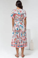Melba Midi Dress - V-Neck Buttoned Down Dress with Flutter Sleeves in Safia Print