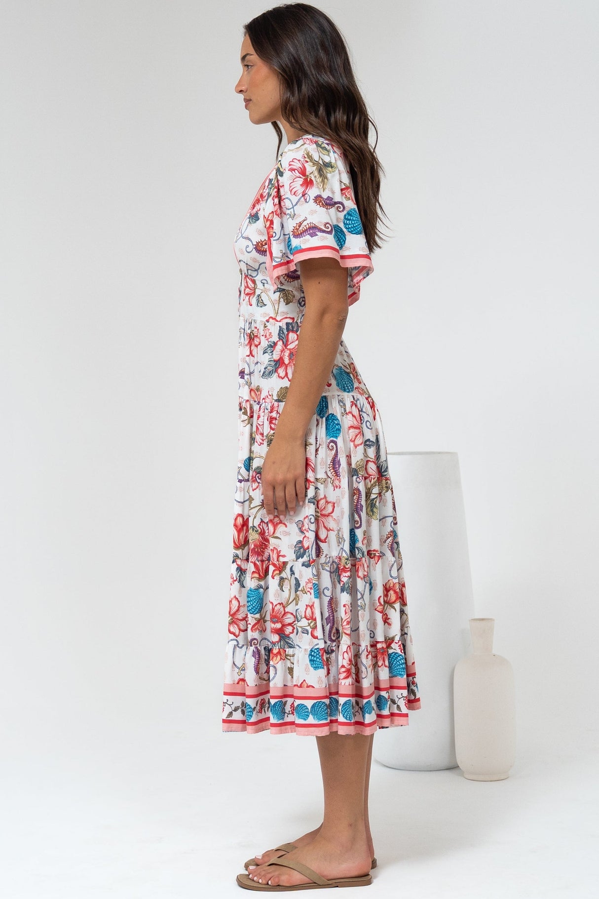Melba Midi Dress - V-Neck Buttoned Down Dress with Flutter Sleeves in Safia Print