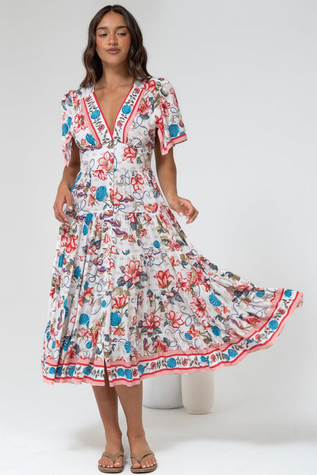 Melba Midi Dress - V-Neck Buttoned Down Dress with Flutter Sleeves in Safia Print