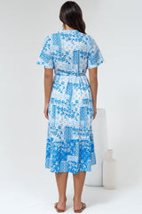 Sharni Midi Dress - V-Neck Shift Dress with Waist Tie in Hilton Print Blue