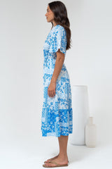Sharni Midi Dress - V-Neck Shift Dress with Waist Tie in Hilton Print Blue