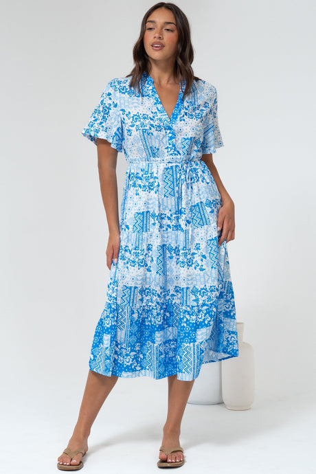 Sharni Midi Dress - V-Neck Shift Dress with Waist Tie in Hilton Print Blue