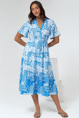 Sharni Midi Dress - V-Neck Shift Dress with Waist Tie in Hilton Print Blue