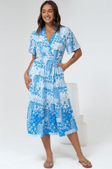 Sharni Midi Dress - V-Neck Shift Dress with Waist Tie in Hilton Print Blue