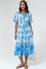 Sharni Midi Dress - V-Neck Shift Dress with Waist Tie in Hilton Print Blue