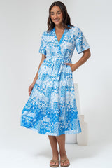 Sharni Midi Dress - V-Neck Shift Dress with Waist Tie in Hilton Print Blue