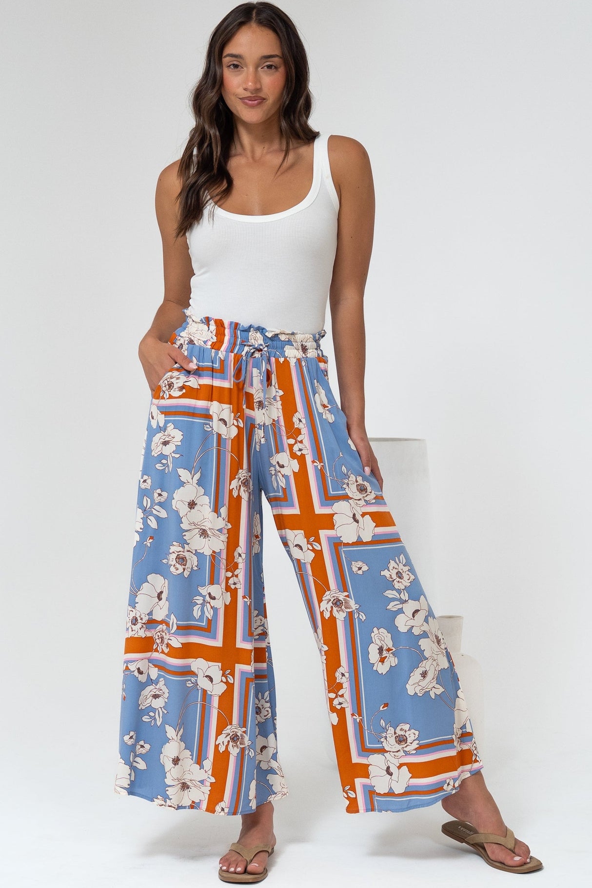 Mezza Pants - Paper Bag High Waisted Wide Leg Pants in Trinity Print