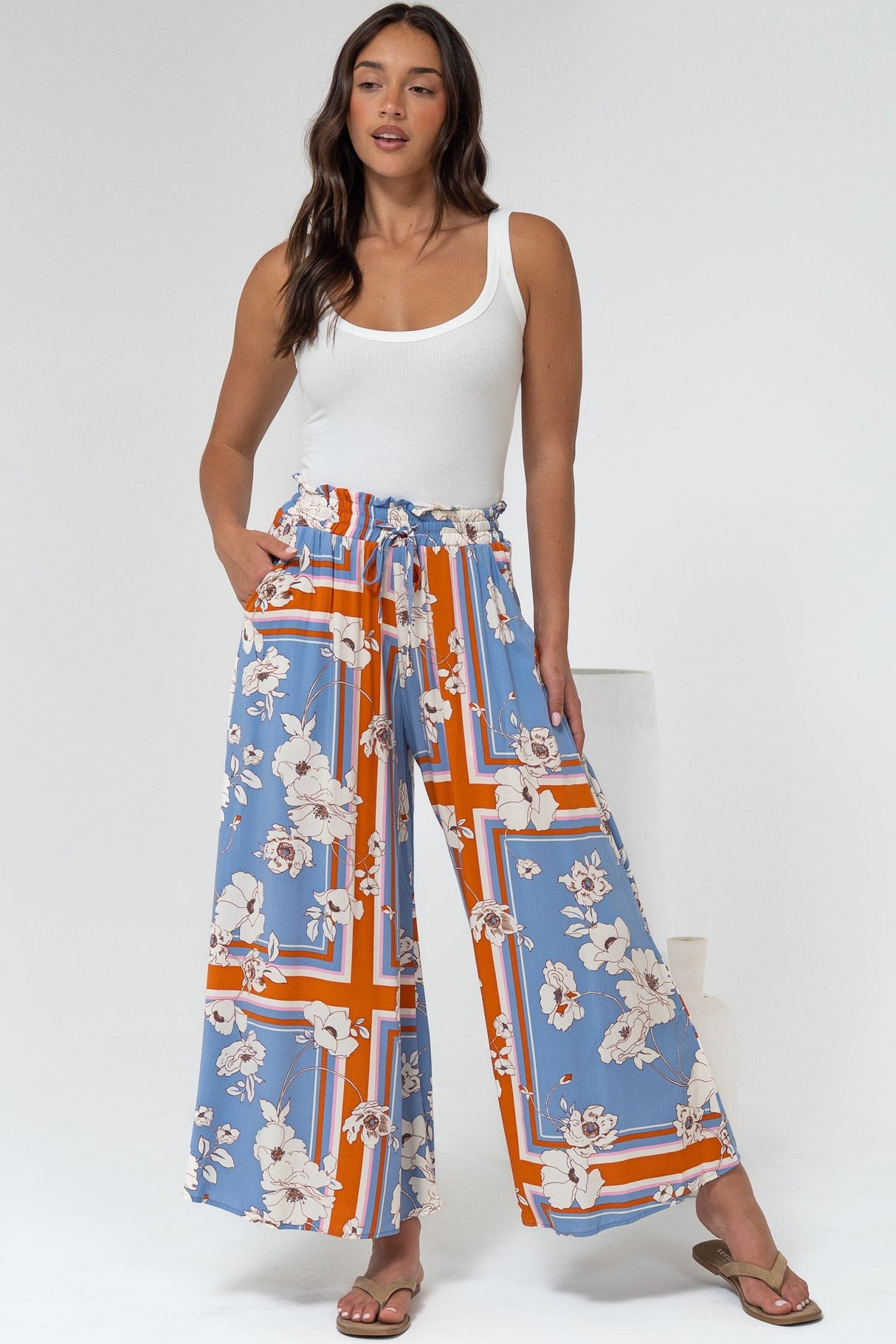 Mezza Pants - Paper Bag High Waisted Wide Leg Pants in Trinity Print