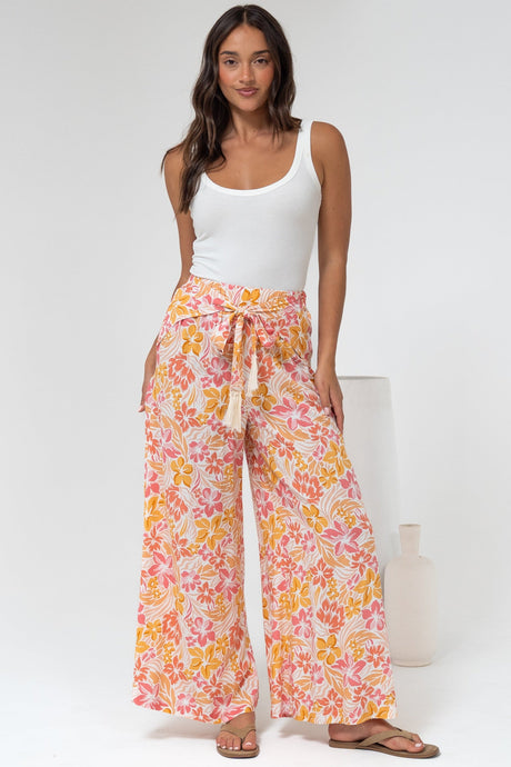 Finlee Pants - Attached Wrap Belt with Tassels Wide Leg Pants in Celine Print