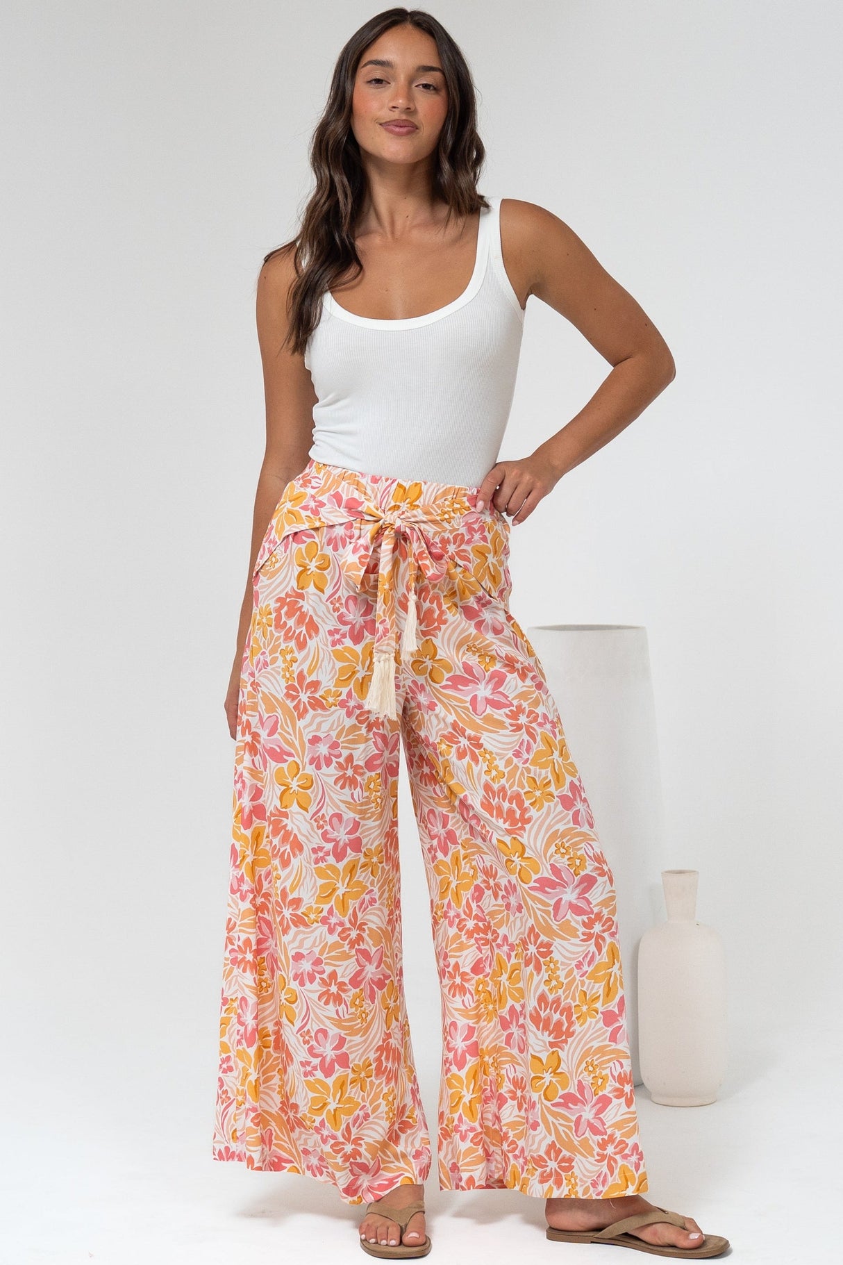Finlee Pants - Attached Wrap Belt with Tassels Wide Leg Pants in Celine Print