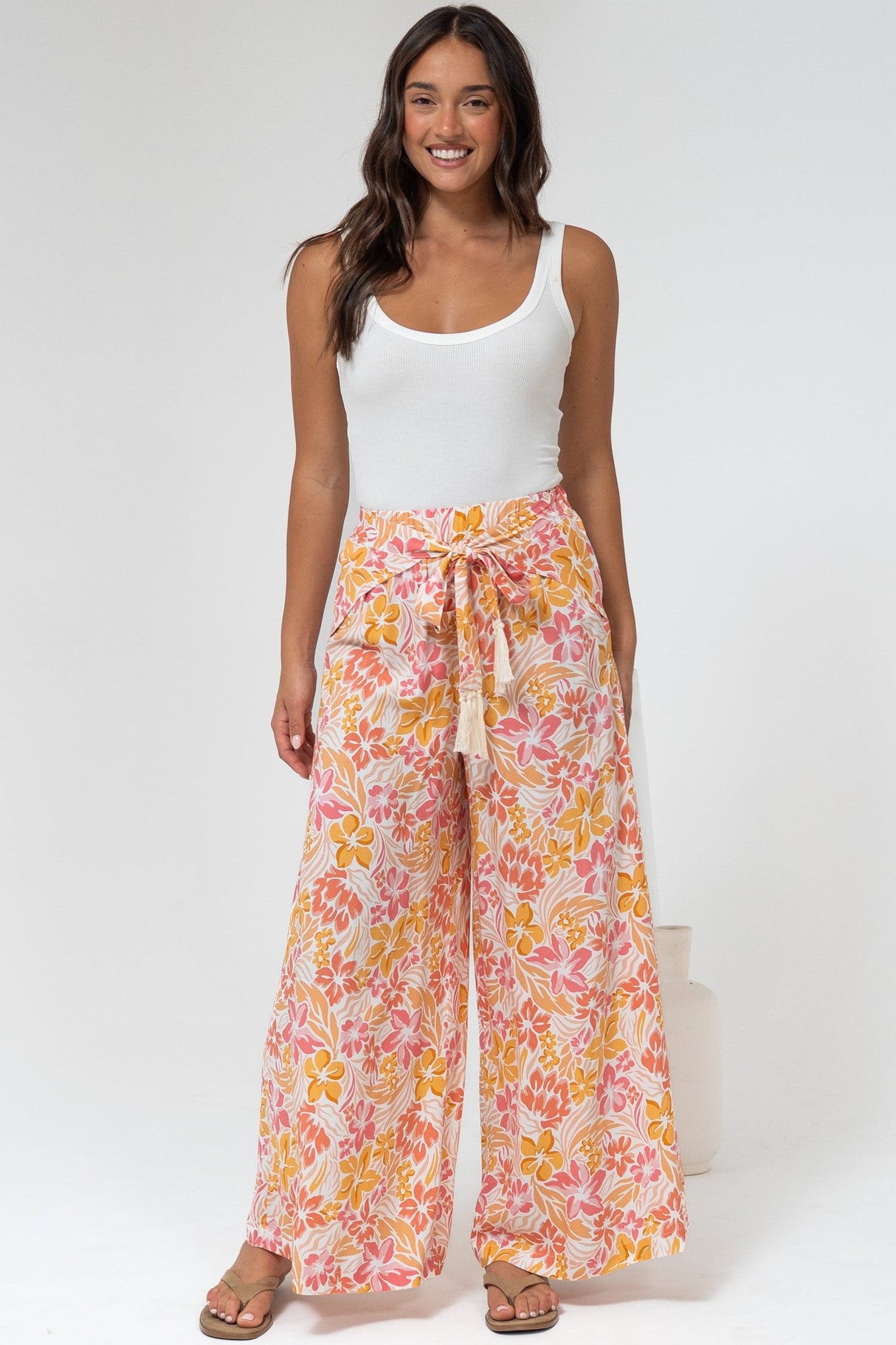 Finlee Pants - Attached Wrap Belt with Tassels Wide Leg Pants in Celine Print