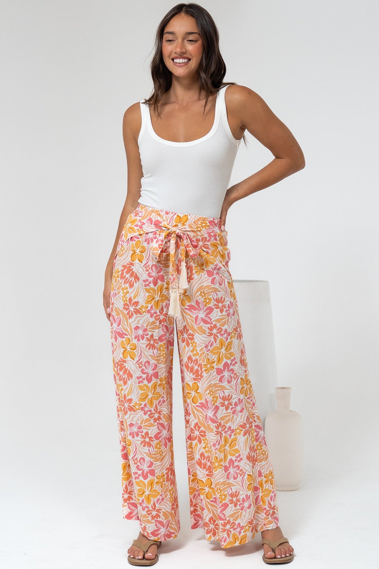 Finlee Pants - Attached Wrap Belt with Tassels Wide Leg Pants in Celine Print