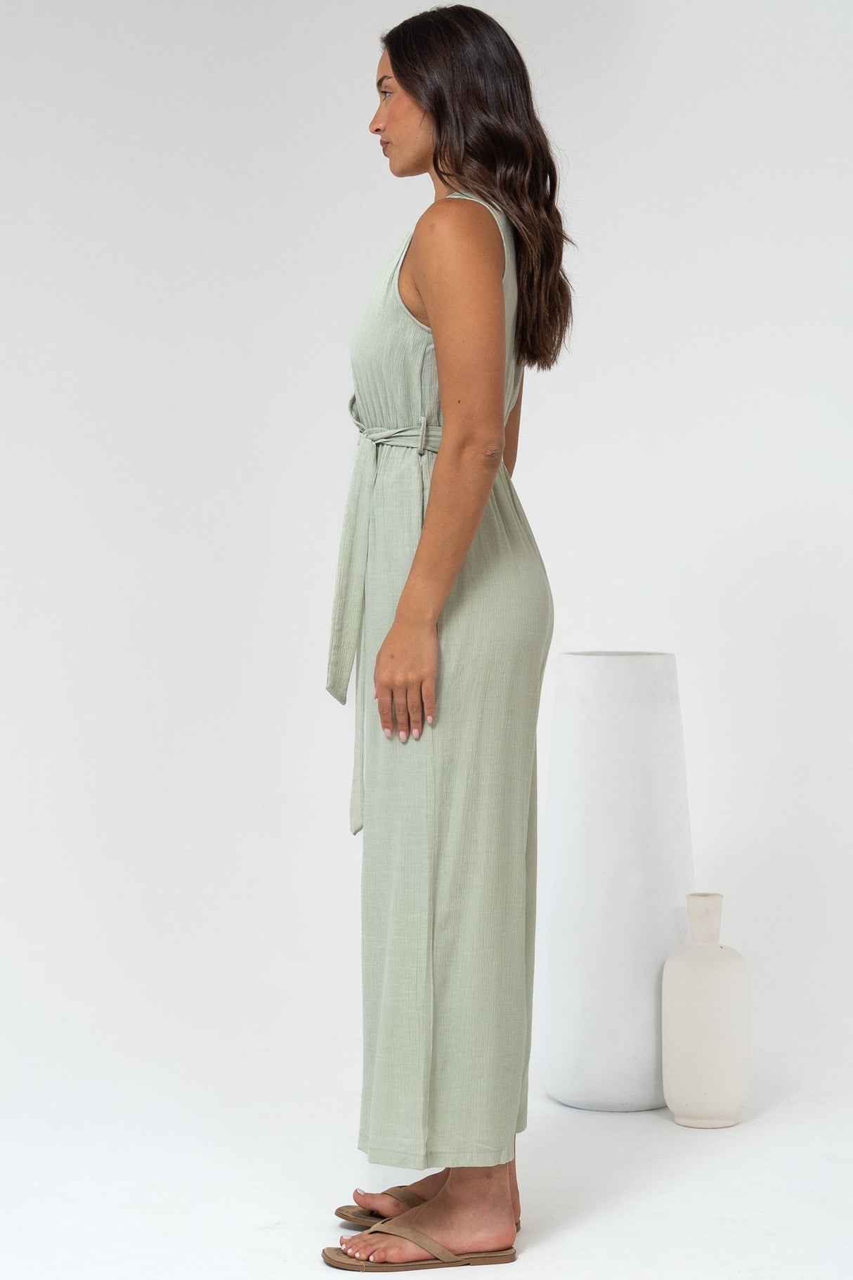 Trudie Jumpsuit - V Neck Wrap Bodice Long Straight Leg Jumpsuit in Green