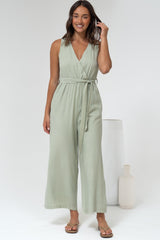 Trudie Jumpsuit - V Neck Wrap Bodice Long Straight Leg Jumpsuit in Green