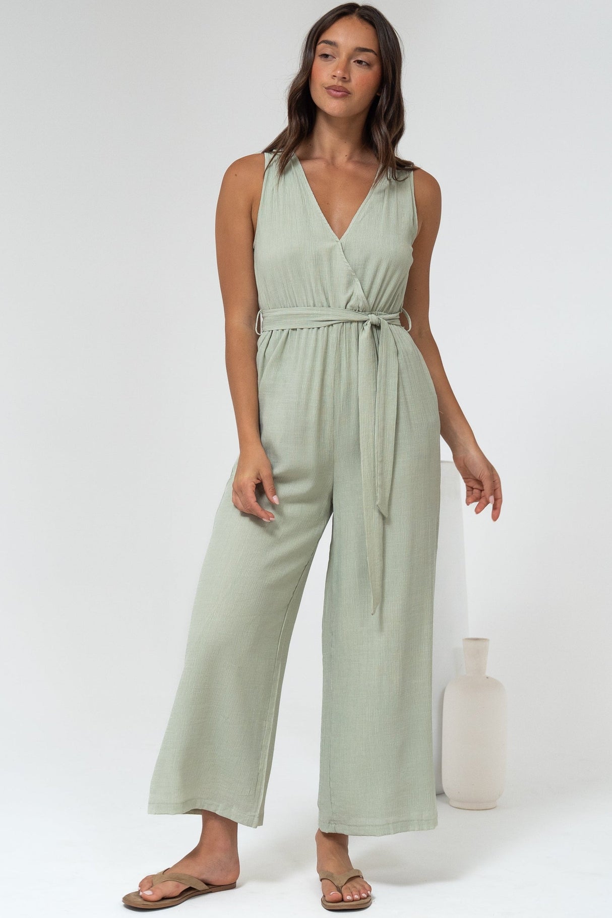 Trudie Jumpsuit - V Neck Wrap Bodice Long Straight Leg Jumpsuit in Green