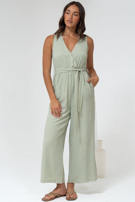 Trudie Jumpsuit - V Neck Wrap Bodice Long Straight Leg Jumpsuit in Green