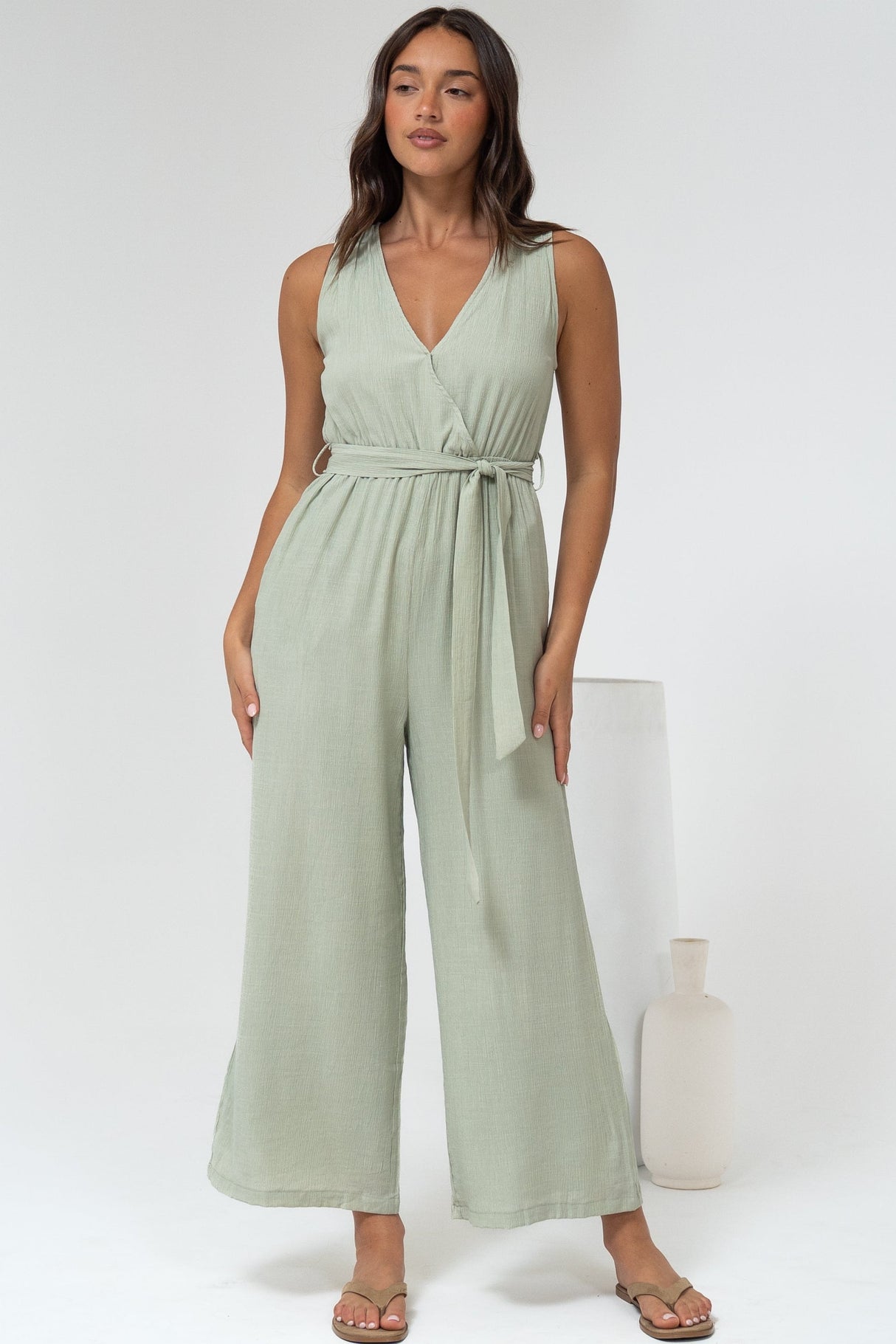 Trudie Jumpsuit - V Neck Wrap Bodice Long Straight Leg Jumpsuit in Green
