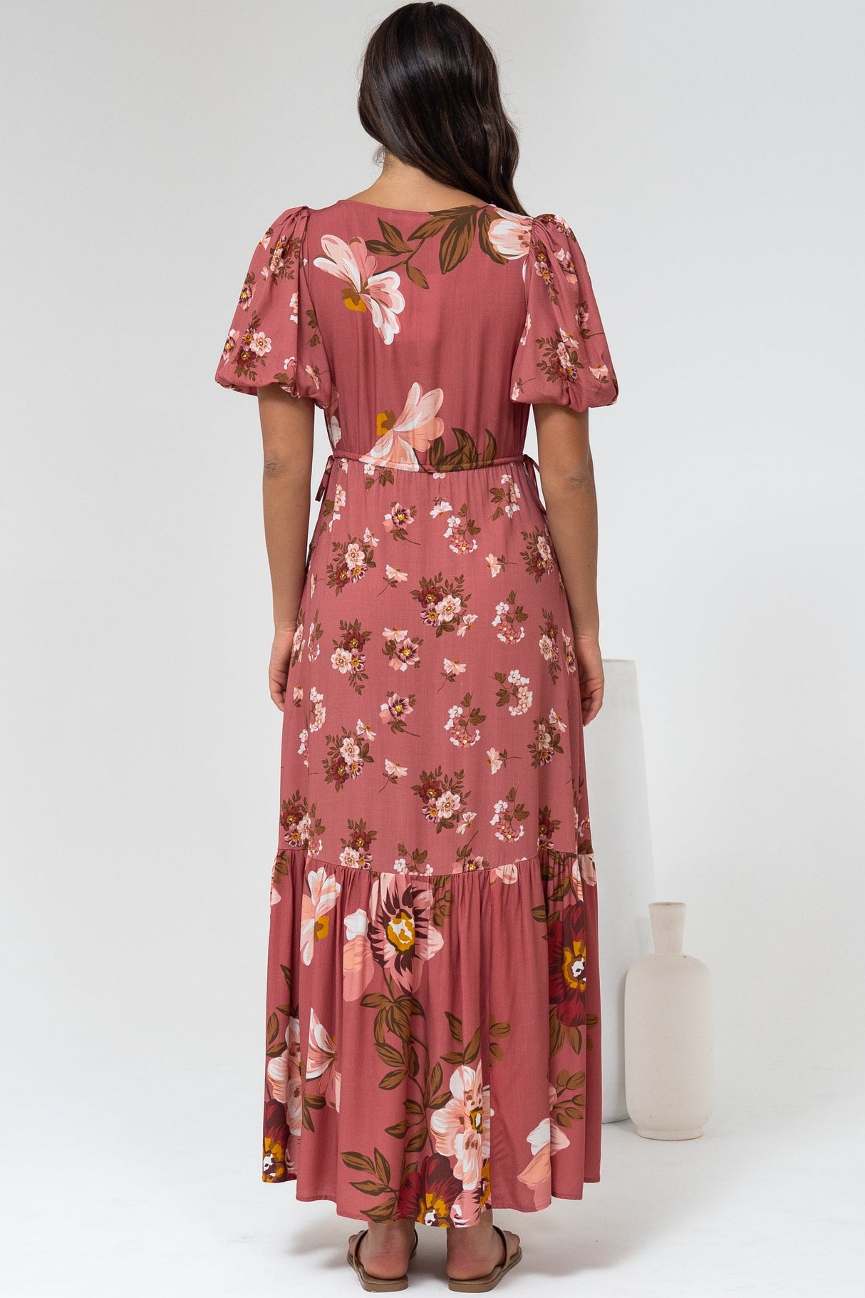 Camilla Maxi Dress - V-Neck Pull Tie Short Sleeve Dress in First Blush Print Mid Pink