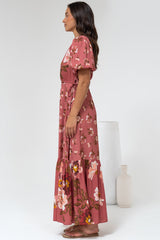 Camilla Maxi Dress - V-Neck Pull Tie Short Sleeve Dress in First Blush Print Mid Pink