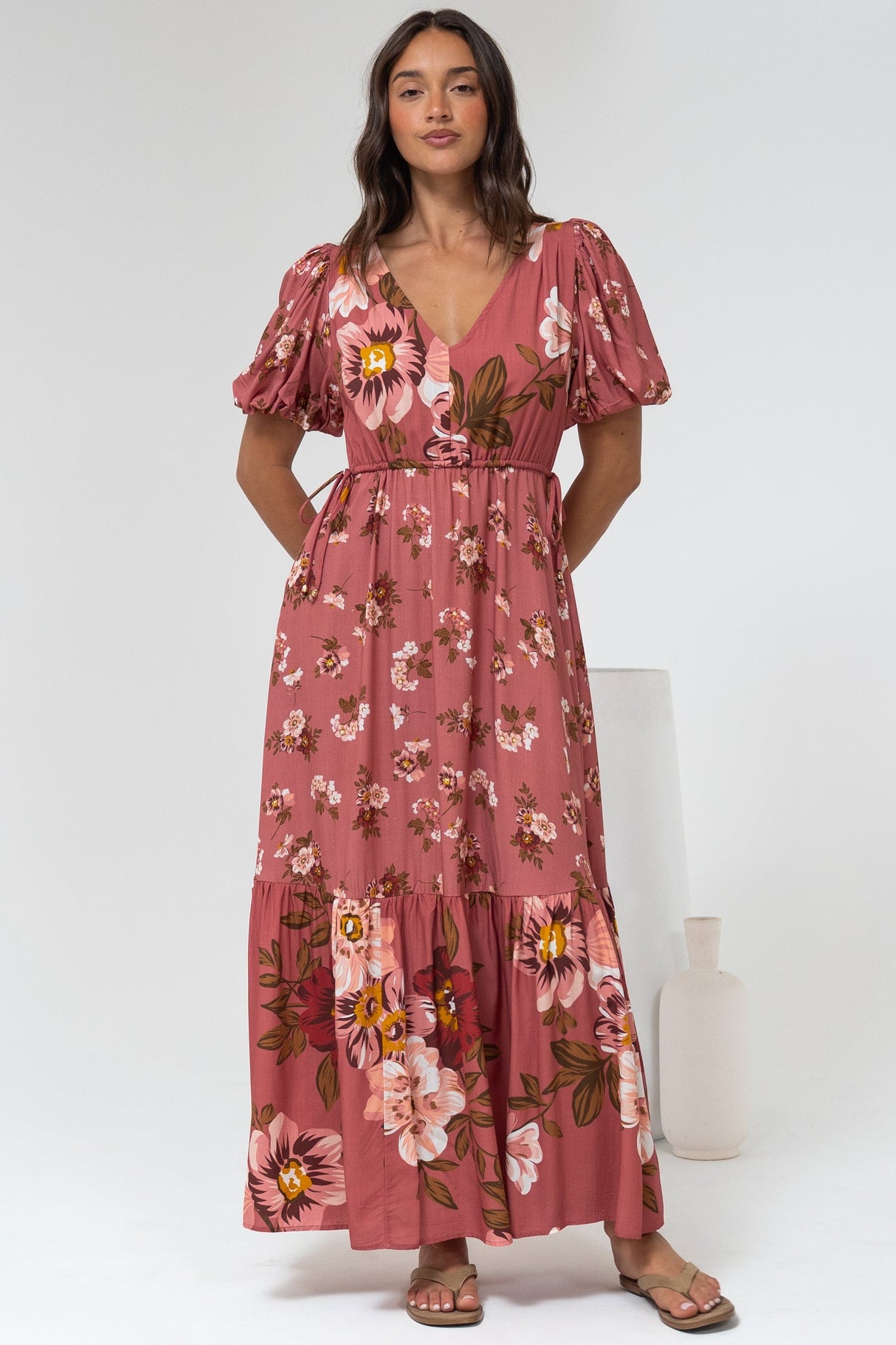 Camilla Maxi Dress - V-Neck Pull Tie Short Sleeve Dress in First Blush Print Mid Pink