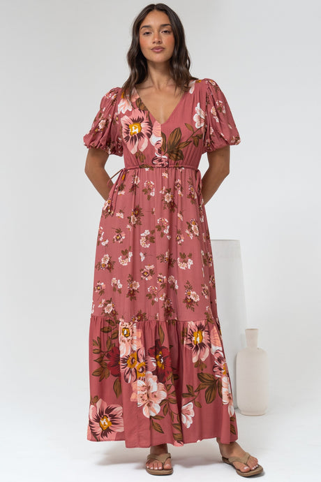 Camilla Maxi Dress - V-Neck Pull Tie Short Sleeve Dress in First Blush Print Mid Pink