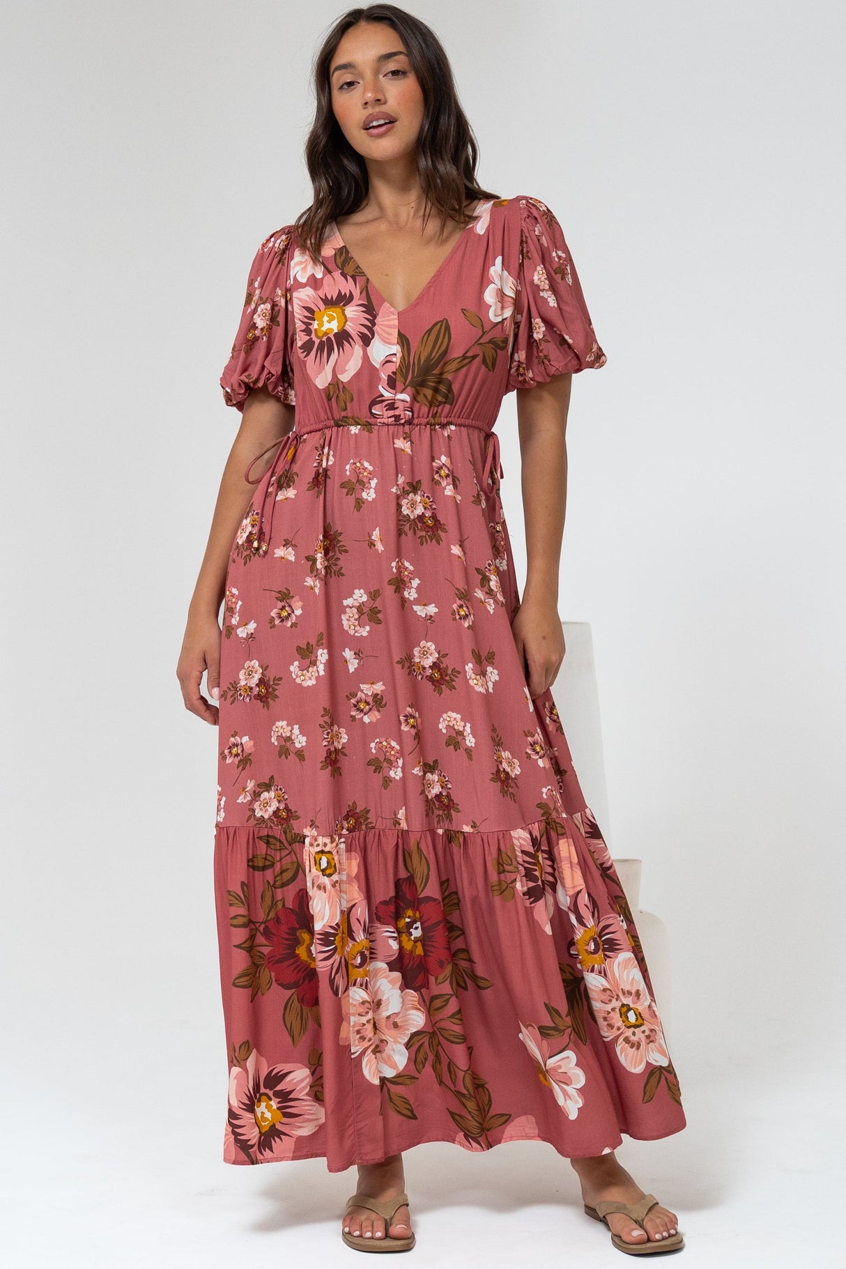 Camilla Maxi Dress - V-Neck Pull Tie Short Sleeve Dress in First Blush Print Mid Pink