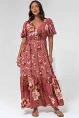 Camilla Maxi Dress - V-Neck Pull Tie Short Sleeve Dress in First Blush Print Mid Pink