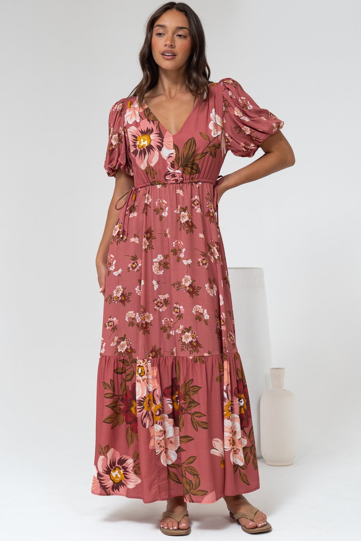 Camilla Maxi Dress - V-Neck Pull Tie Short Sleeve Dress in First Blush Print Mid Pink