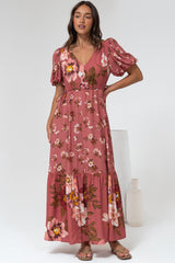 Camilla Maxi Dress - V-Neck Pull Tie Short Sleeve Dress in First Blush Print Mid Pink