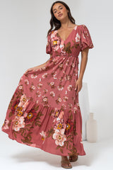 Camilla Maxi Dress - V-Neck Pull Tie Short Sleeve Dress in First Blush Print Mid Pink