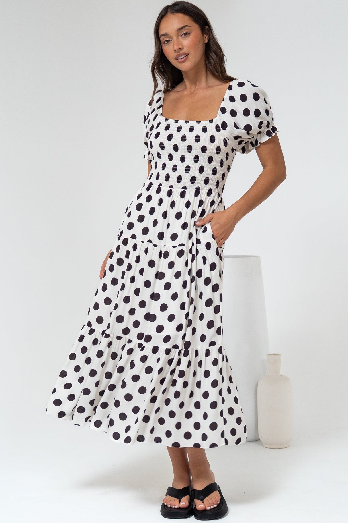 Hush Midi Dress - Square Neckline Dress with Pockets in Chocolate Spot