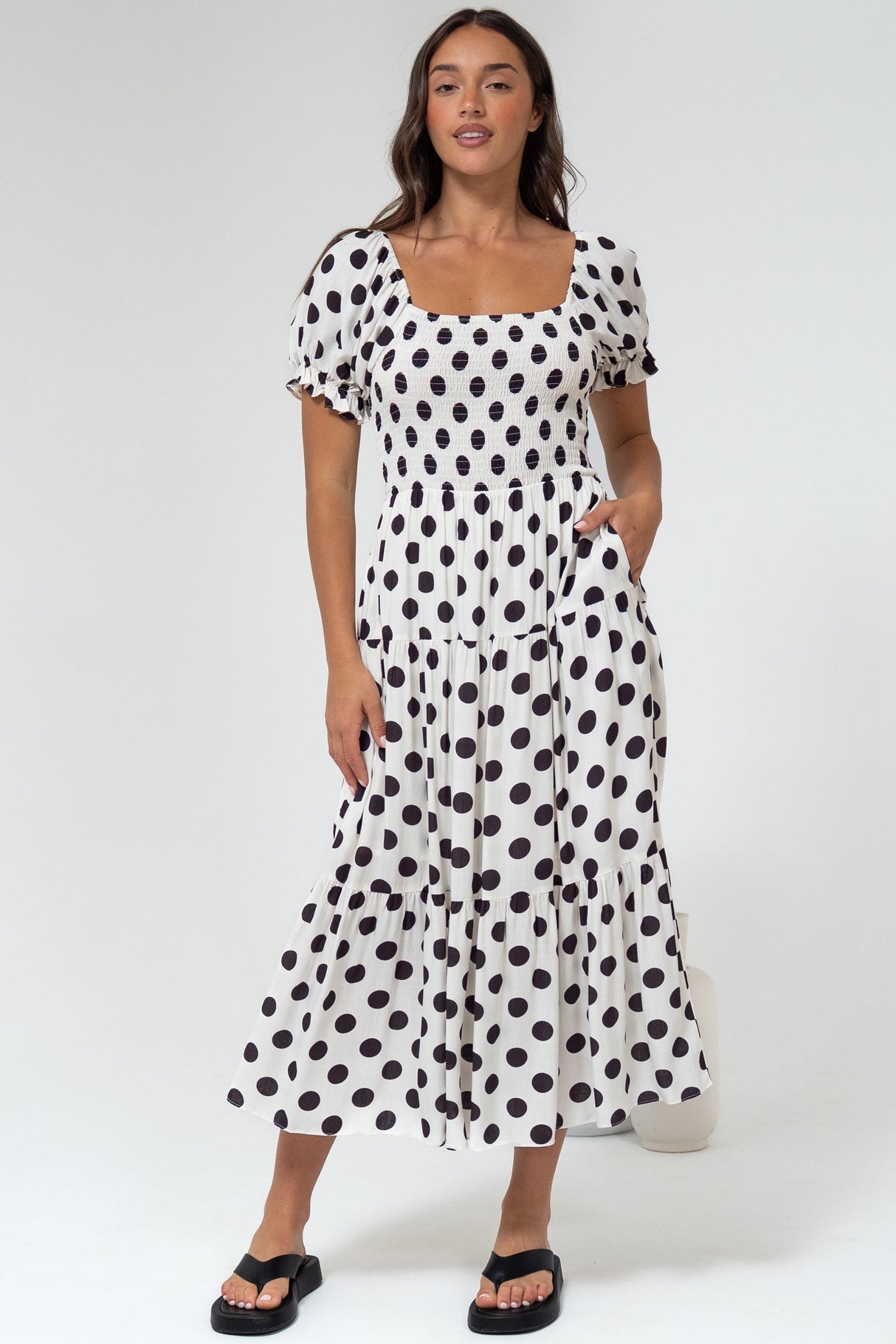 Hush Midi Dress - Square Neckline Dress with Pockets in Chocolate Spot