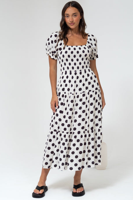 Hush Midi Dress - Square Neckline Dress with Pockets in Chocolate Spot