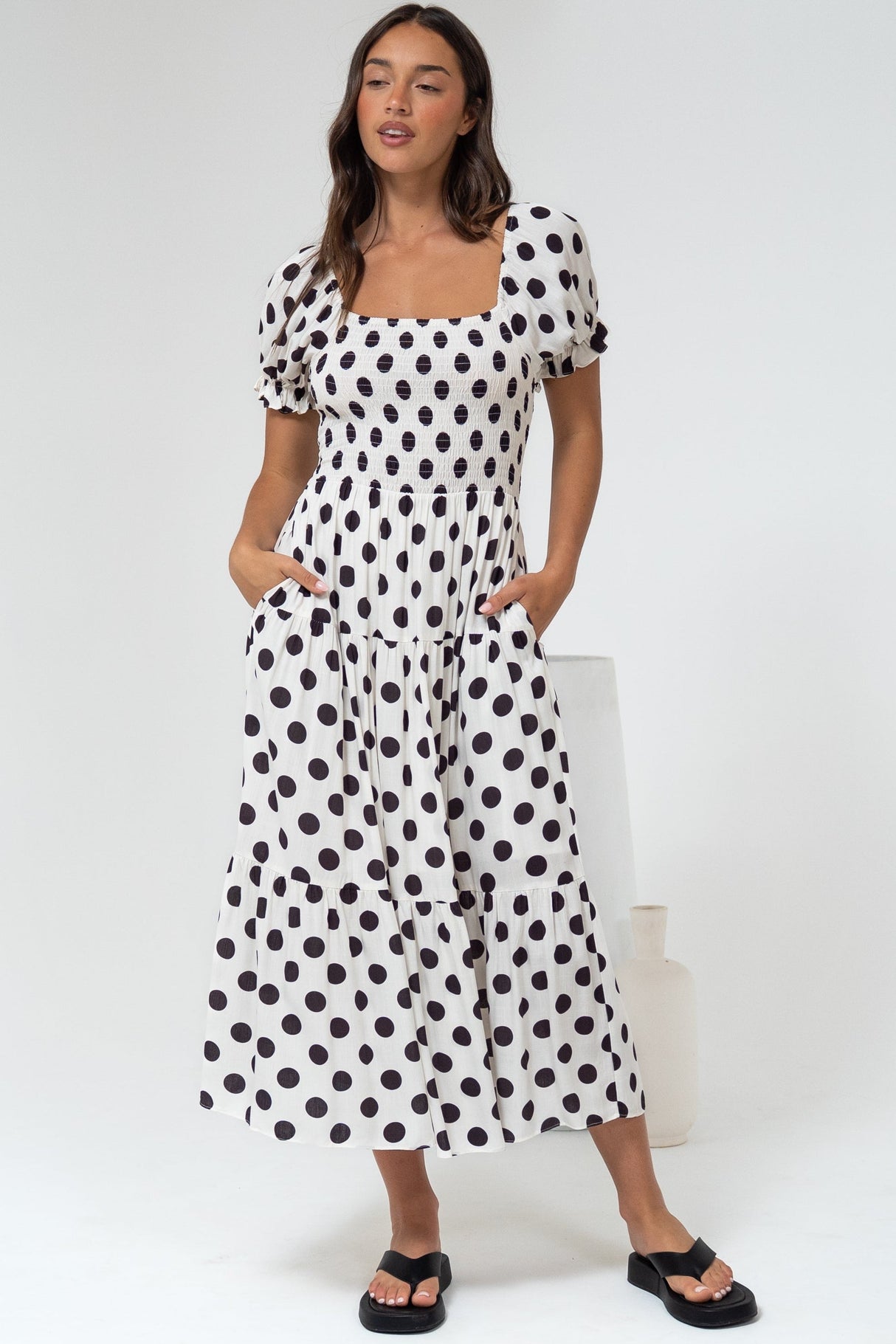 Hush Midi Dress - Square Neckline Dress with Pockets in Chocolate Spot
