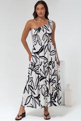 Kleo Midi Dress - One Shoulder Elasticated Bodice A-Line Dress in Halsey Print