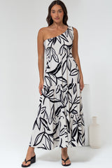 Kleo Midi Dress - One Shoulder Elasticated Bodice A-Line Dress in Halsey Print