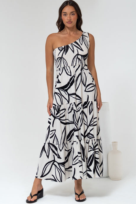 Kleo Midi Dress - One Shoulder Elasticated Bodice A-Line Dress in Halsey Print