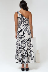 Kleo Midi Dress - One Shoulder Elasticated Bodice A-Line Dress in Halsey Print